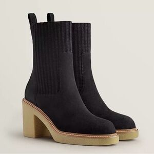 Hermes Donia 70 Black Suede Heeled Boots 37.5 7.5
